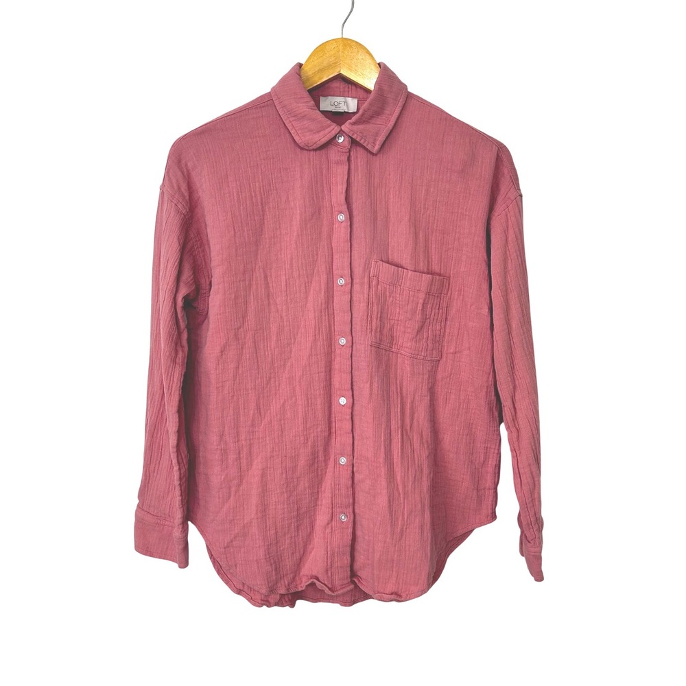 Loft Pink Double Gauze Cotton Button Down Shirt Women's S Relaxed Top